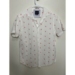 Denim & Flower Ricky Singh White‎ Flamingo Print Short Sleeve Slim Fit Shirt